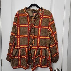5/$30 Bohemian Plaid Button-Up Peplum Blouse Size.3X
